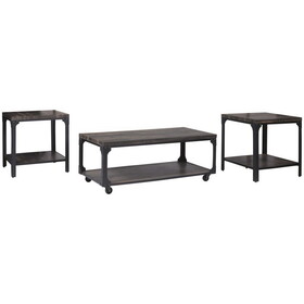 3 Piece Metal Frame Occasional Table Set with Rivets, Brown and Black B056P164423