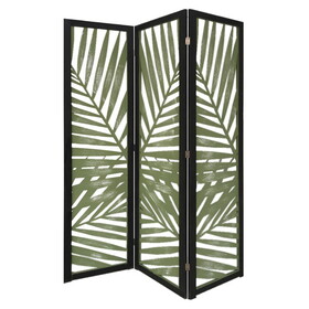 67 inch 3 Panel Wood Screen with Leaf Design, Green and Black B056P164426