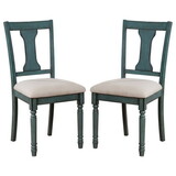 Wooden Side Chair with Open Chiseled Design Back, Set of 2, Blue B056P164431