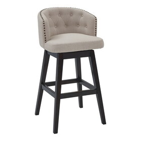 26 inch Button Tufted Fabric Swivel Counter Stool, Angled Wood Legs, Beige B056P164432