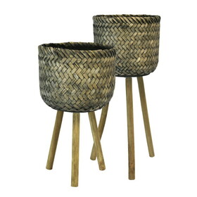 Basket Shape Bamboo Planters on Flared Wooden Stand, Rustic Brown, Set of Two B056P165571