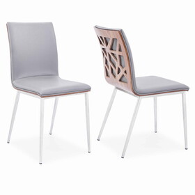 Wood Back Leatherette Dining Chair with Metal Legs, Set of 2, Brown and Gray B056P165581