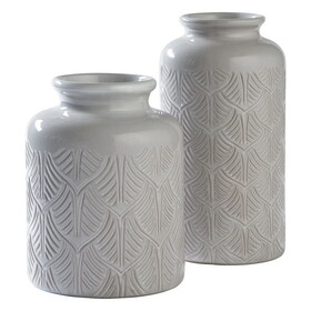 Vase with Ceramic Textured Leaf Pattern, Set of 2, Gray B056P165598
