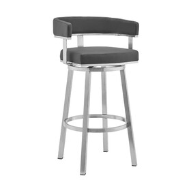 Swivel Barstool with Curved Open Back and Metal Frame, Gray and Silver B056P165600