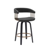 Maya 26 inch Swivel Counter Chair, Black Faux Leather, Bronze Metal Slats B056P165614
