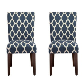 Wooden Parson Dining Chairs with Quatrefoil Patterned Fabric Upholstery, Blue and White, Set of Two B056P165619