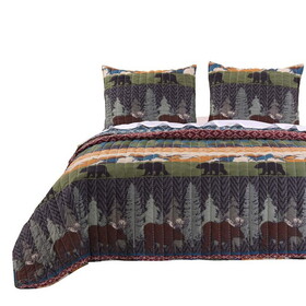 3 Piece Full Size Quilt Set with Nature Inspired Print, Multicolor B056P166945