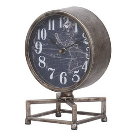 Metal Table Clock with Map Theme Background and Geometric Base, Gray B056P198140