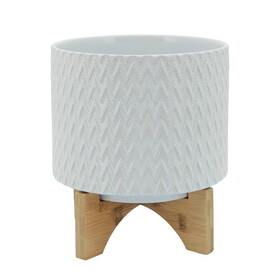 Ceramic Planter with Chevron Pattern and Wooden Stand, Small, White B056P198167