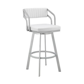 Lyla 26 inch Counter Height Stool, Swivel, Faux Leather, White, Silver B056P198179
