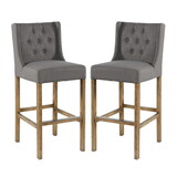 Wooden Barstool with Padded Seat, Button Tufted, Wing Back, Set of 2, Gray and Brown B056P198206