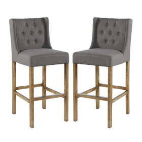 Wooden Barstool with Padded Seat, Button Tufted, Wing Back, Set of 2, Gray and Brown B056P198206