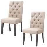 Fabric Upholstered Wooden Chair with Button Tufting, Set of 2, Beige and Black B056P198214