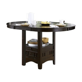 Oval Wooden Counter Height Table with Extension Leaf and Open Shelf, Brown B056P204258