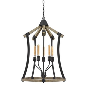 5 Bulb Pendant Fixture with Wooden and Metal Frame, Brown and Black B056P204267