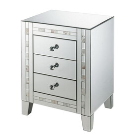 3 Drawer Beveled Mirrored Accent Table with Pearl Inlay, Silver B056P204268