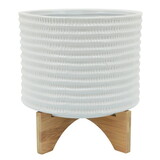 Ceramic Planter with Textured Pattern and Wooden Stand, White B056P204299