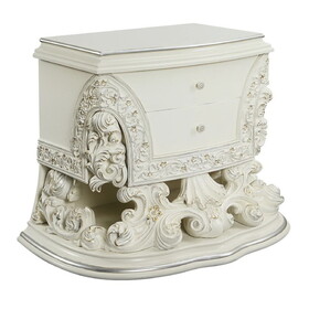 Rox 40 inch Classic Ornate Carved Nightstand with 2 Drawer, Wood, White B056P204305