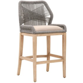 Counter Stool with Wooden Legs and Rope Back, Gray and Brown B056P204324