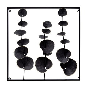 Wall Decor with Textured Leaves and Metal Frame, Black B056P204325