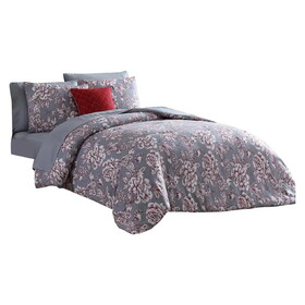 Tyler 8 Piece Microfiber Queen Bed Set, Floral Print, The Urban Port, Gray B056P204671