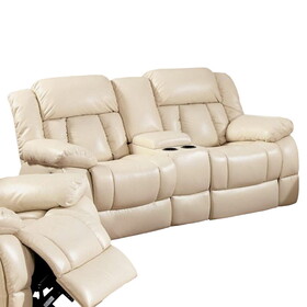 Leatherette Upholstered Transitional Love Seat with Cup Holders, Ivory Cream B056P204750