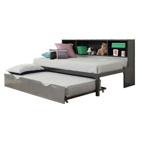 Metal Twin Bed with Bookcase and Rollout Trundle, Black and Silver B056P213629