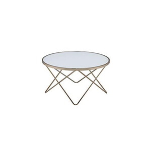 Contemporary Style Round Glass and Metal Coffee Table, White and Gold B056P213639