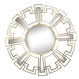 Round Sunburst Wall Mirror with Geometric Design Metal Frame, Gold B056P213666