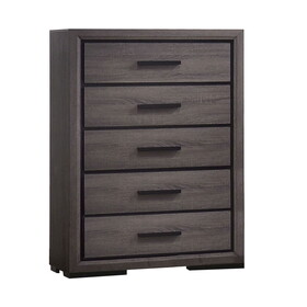 Wooden Chest with 5 Drawers and Finger Pull Handle, Gray and Black B056P213684