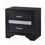 Nightstand with 2 Drawers and Rhinestone Pull Handles, Black and Silver B056P213702