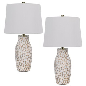 23 inch Set of 2 Ceramic Accent Table Lamp, Hammered Base, White, Gold B056P214834