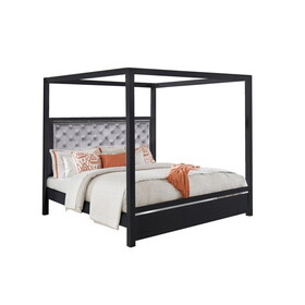 Abrie Solid Wood Canopy Queen Bed, Button Tufted, Touch LED, Dark Gray B056P214841