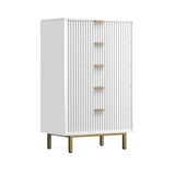 Beth 48 inch 5 Drawer Tall Dresser Chest, White Mahogany Wood, Gold B056P214869