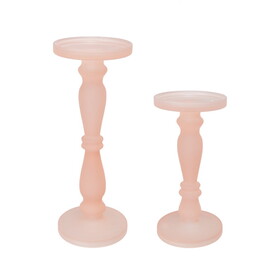 Qui 14, 11 inch Candle Holders, Rose Pink Turned Pedestal Glass, Set of 2 B056P214905