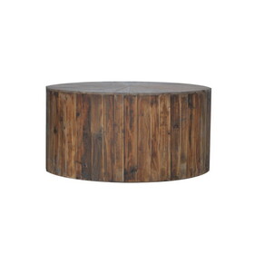 36 inch Round Drum Coffee Table, Classic Plank Design, Rustic Brown Wood B056P215260