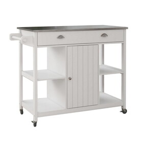 40 inch Rolling Kitchen Cart, Open Shelves, Stainless Steel Surface, White B056P216278