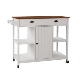 40 inch Rolling Kitchen Cart, Open Shelves, Rich Brown Wood Surface, White B056P216279