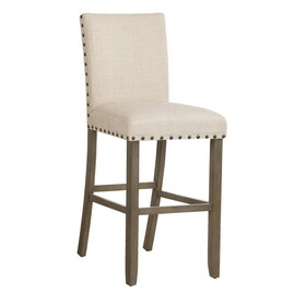 Lok 30 inch Wood Barstool, Set of 2, Nailhead Trim, Padded Seating, Beige B056P216288