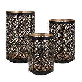 Set of 3 Rounded Iron Candle Holder Lanterns, Matte Black Gold Latticework B056P216295