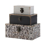 Set of 3 Decorative Boxes, MDF Frame, Black and Gray, Floral Printing B056P216306