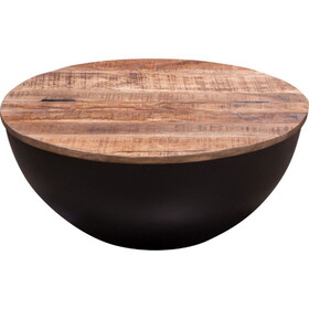 28 inch Storage Coffee Table, Round Drum Silhouette, Brown Wood, Black Base B056P216309