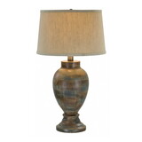 30 inch Hydrocal Table Lamp, Drum Shade, Classic Urn Base, Brown and Blue B056P216319