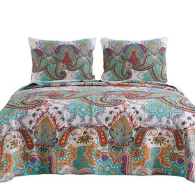 3 Piece King Size Cotton Quilt Set with Paisley Print, Teal Blue B056P216333