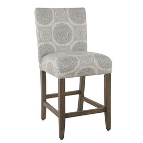 Wooden Counter Height Stool with Medallion Pattern Fabric Upholstery, Gray B056P216893