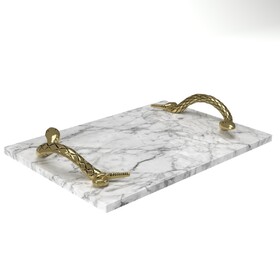 Mamba White Marble Decorative Serving Tray with Brass Snake Handles B056P341057