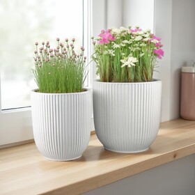 Lyna Accent Planter Set of 2, White Ceramic, Vertical Ribbed Texture B056P412619
