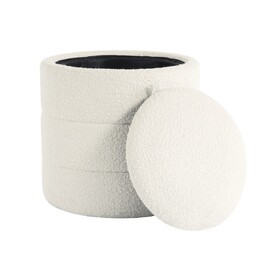 Pero Storage Ottoman, 18 inch Round Removable Lid, White Boucle Fabric B056P412626