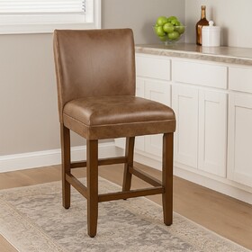 24 inch Counter Stool Chair, Brown Wood Frame, Faux Leather Seat B056P412627