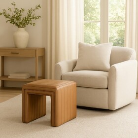 Ada Footstool Ottoman, Channel Tuft Caramel Brown Faux Leather 19 inch B056P412628